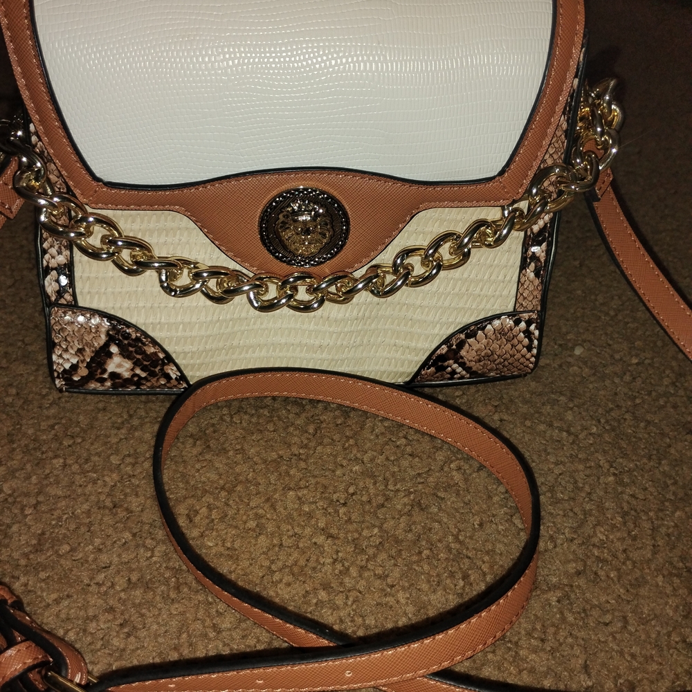 Aldo Tan and Cream Crossbody Bag with Chain Detail